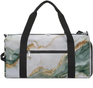 Beautiful White And Green Marble Fitness Large Gym Bag for Unisex with Shoe Compartment & Wet Pocket