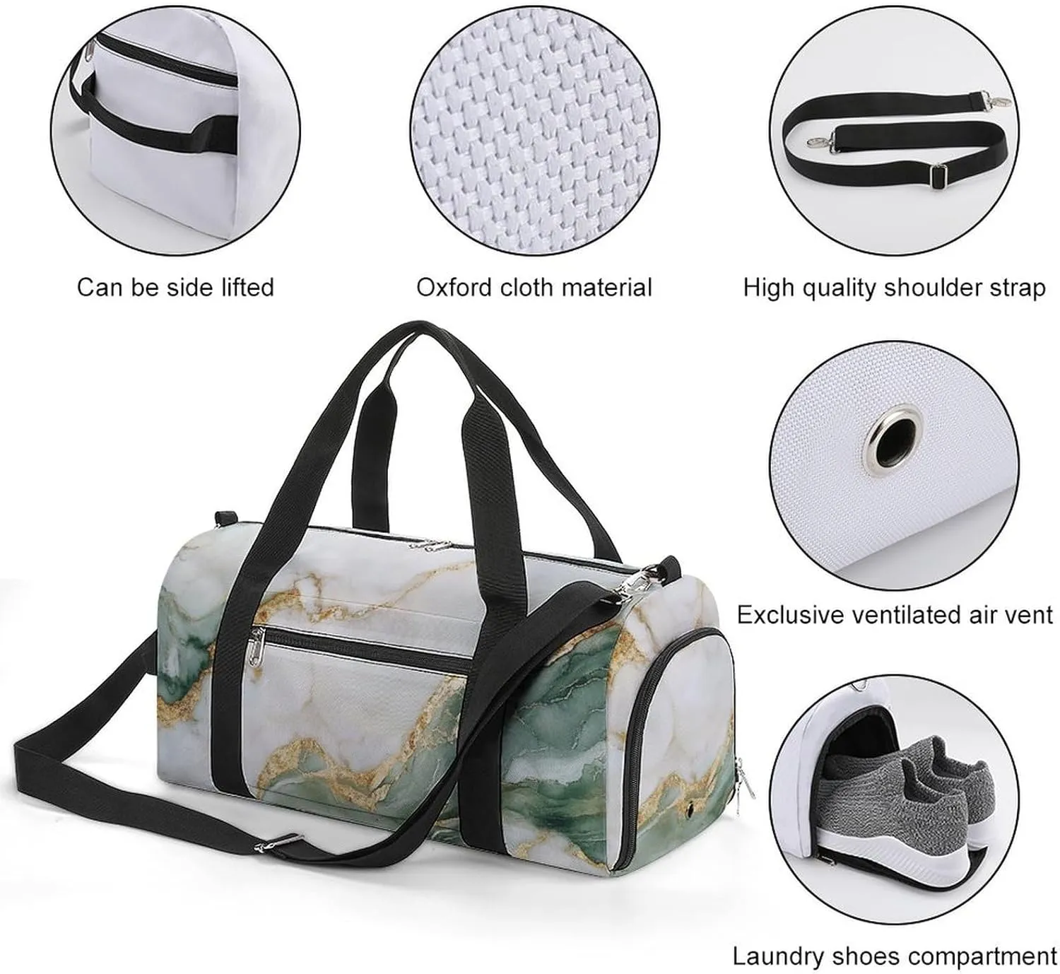 Beautiful White And Green Marble Fitness Large Gym Bag for Unisex with Shoe Compartment & Wet Pocket