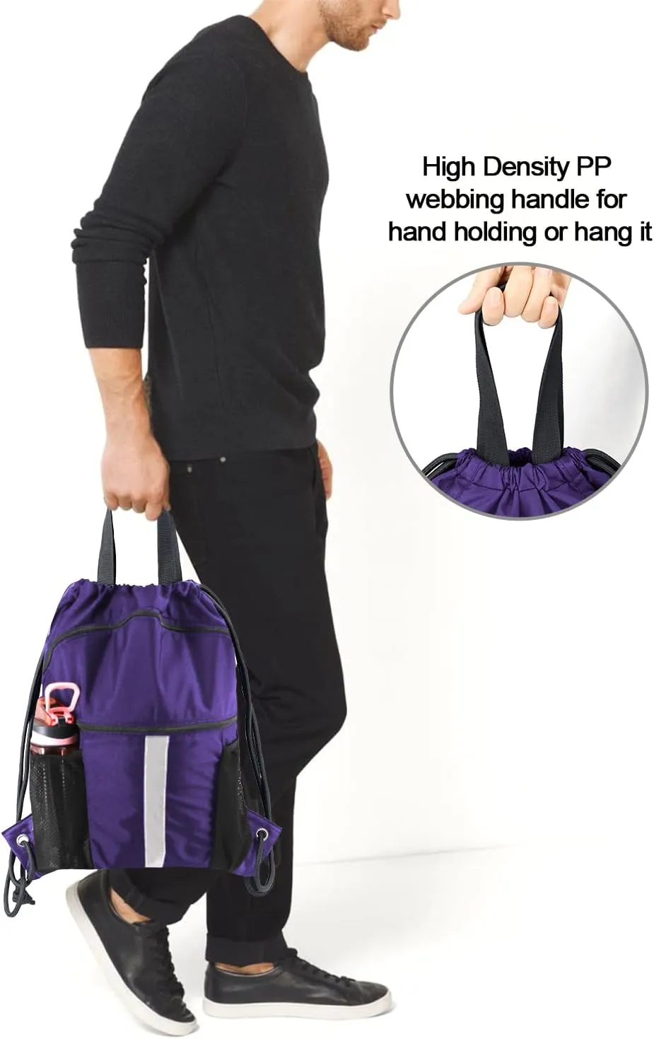 BeeGreen Drawstring Backpack Bag with Shoe Compartment, X-Large Black Gym Sports String Cinch Backpack
