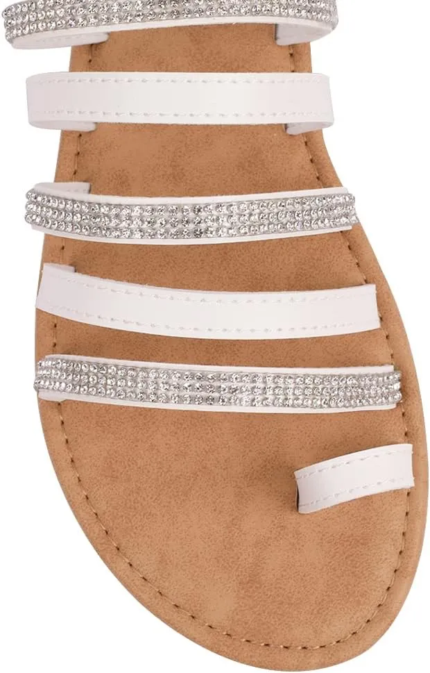BENEKER Women's Strappy Slide Sandals Rhinestone Open Toe Gladiator Flat Sandals Slip On Toe Ring Slide Casual Summer Beach Sandals