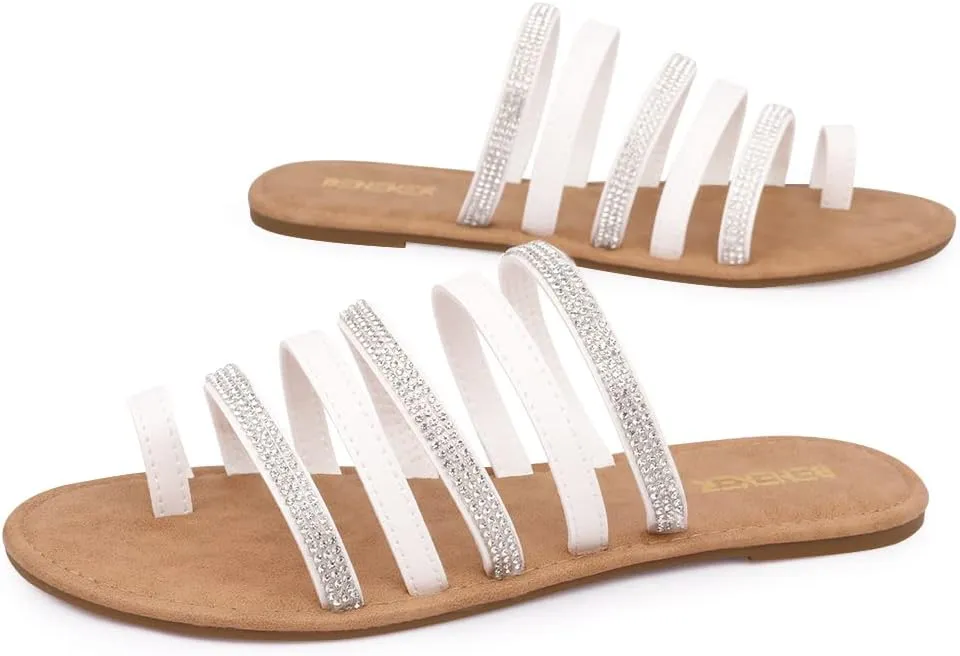 BENEKER Women's Strappy Slide Sandals Rhinestone Open Toe Gladiator Flat Sandals Slip On Toe Ring Slide Casual Summer Beach Sandals