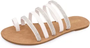 BENEKER Women's Strappy Slide Sandals Rhinestone Open Toe Gladiator Flat Sandals Slip On Toe Ring Slide Casual Summer Beach Sandals