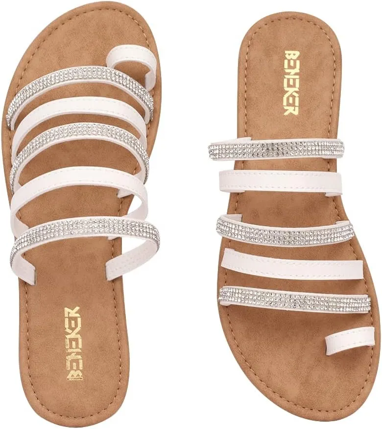 BENEKER Women's Strappy Slide Sandals Rhinestone Open Toe Gladiator Flat Sandals Slip On Toe Ring Slide Casual Summer Beach Sandals