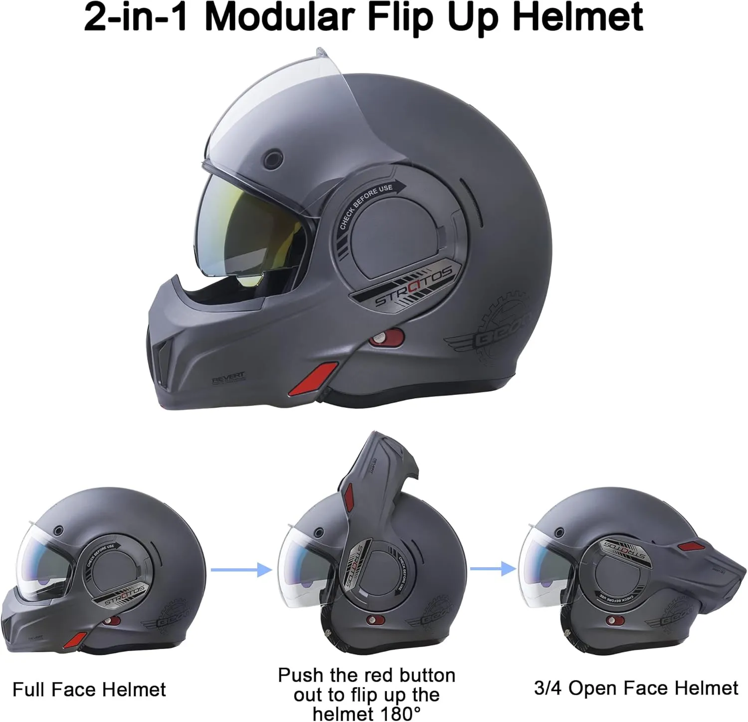 BEON Full Face Motorcycle Helmet DOT Approved, 180° Reversible Chin Guard Modular Pilot Helmet with Anti-Fog Dual Visors for Adult Men Women