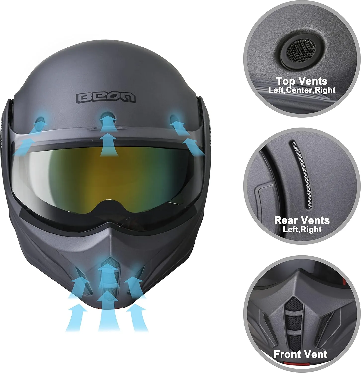 BEON Full Face Motorcycle Helmet DOT Approved, 180° Reversible Chin Guard Modular Pilot Helmet with Anti-Fog Dual Visors for Adult Men Women