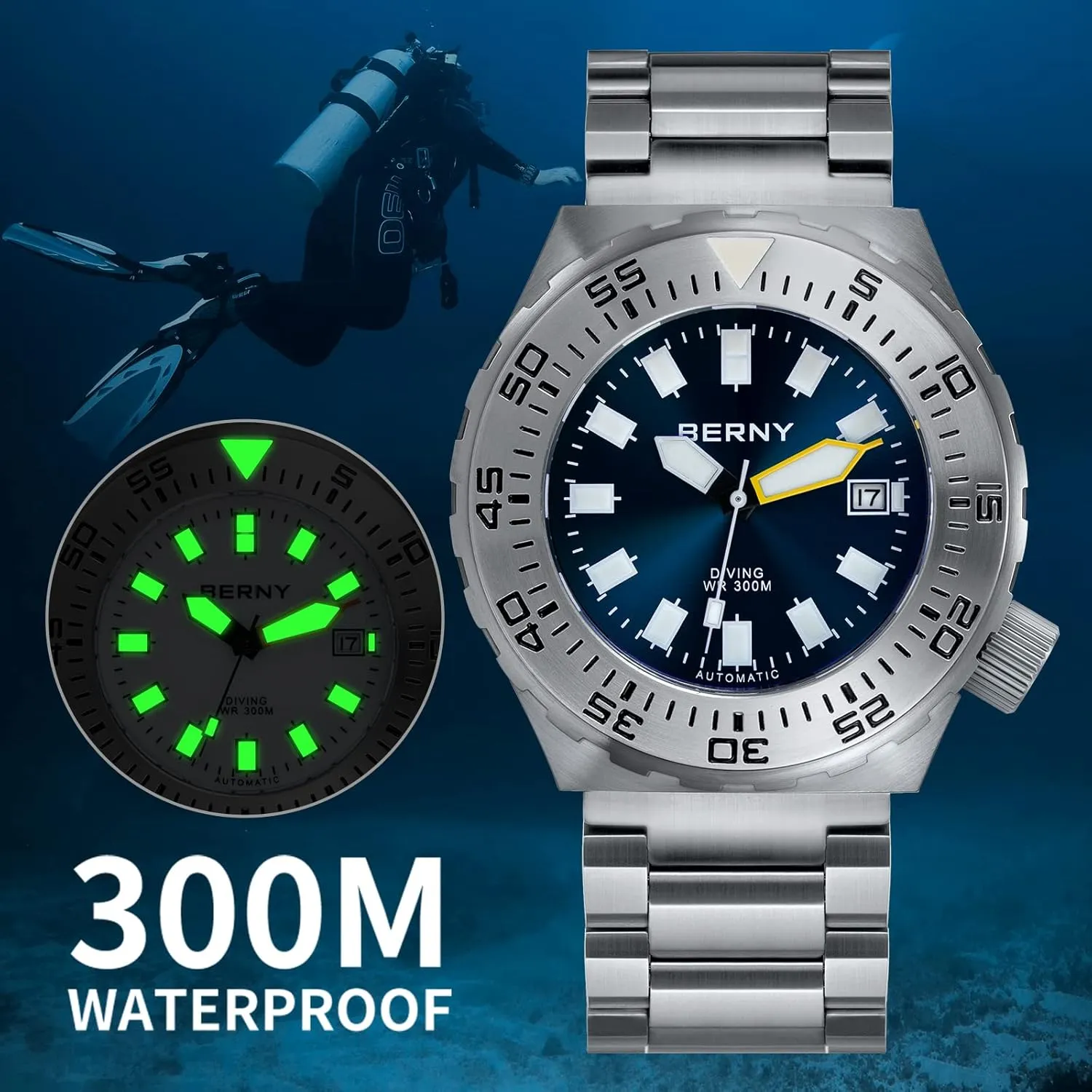 BERNY Dive Watch for Men Sports Diving Wristwatch with Screw-in Crown 30ATM Waterproof Sapphire Glass Solid Stainless Steel Bracelet Automatic Mechanical Pro Diver Watches Super Luminous
