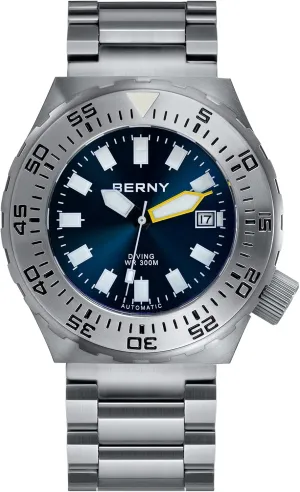 BERNY Dive Watch for Men Sports Diving Wristwatch with Screw-in Crown 30ATM Waterproof Sapphire Glass Solid Stainless Steel Bracelet Automatic Mechanical Pro Diver Watches Super Luminous