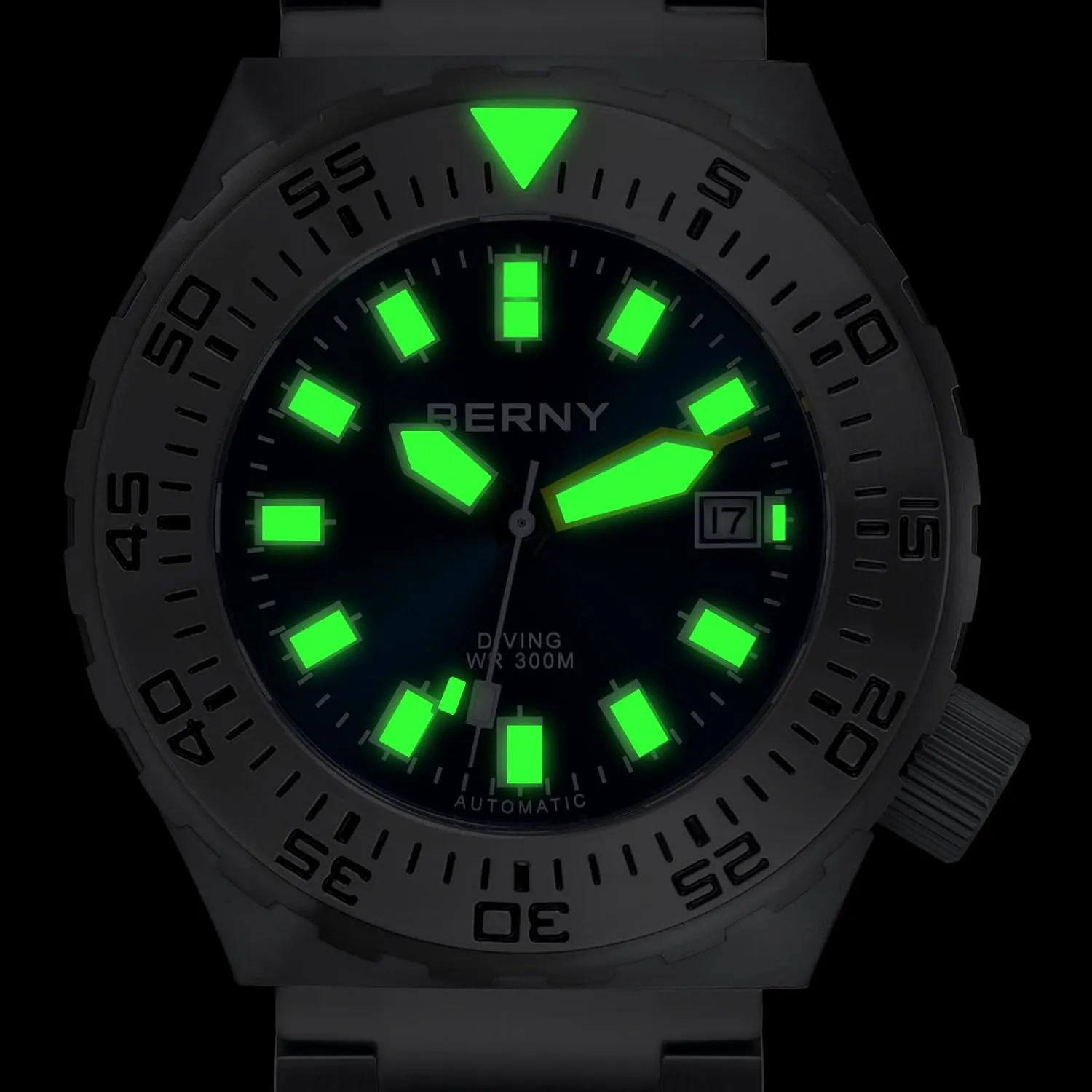 BERNY Dive Watch for Men Sports Diving Wristwatch with Screw-in Crown 30ATM Waterproof Sapphire Glass Solid Stainless Steel Bracelet Automatic Mechanical Pro Diver Watches Super Luminous