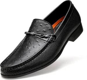 Black Men's Leather Dress Shoes, Casual Ostrich Print Slip on Loafer Moc Toe Metal Buckle Penny Formal Shoes for Mens