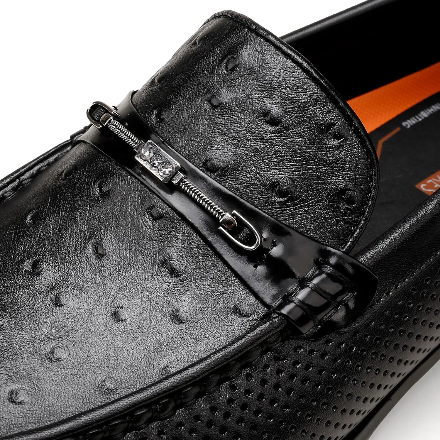 Black Men's Leather Dress Shoes, Casual Ostrich Print Slip on Loafer Moc Toe Metal Buckle Penny Formal Shoes for Mens
