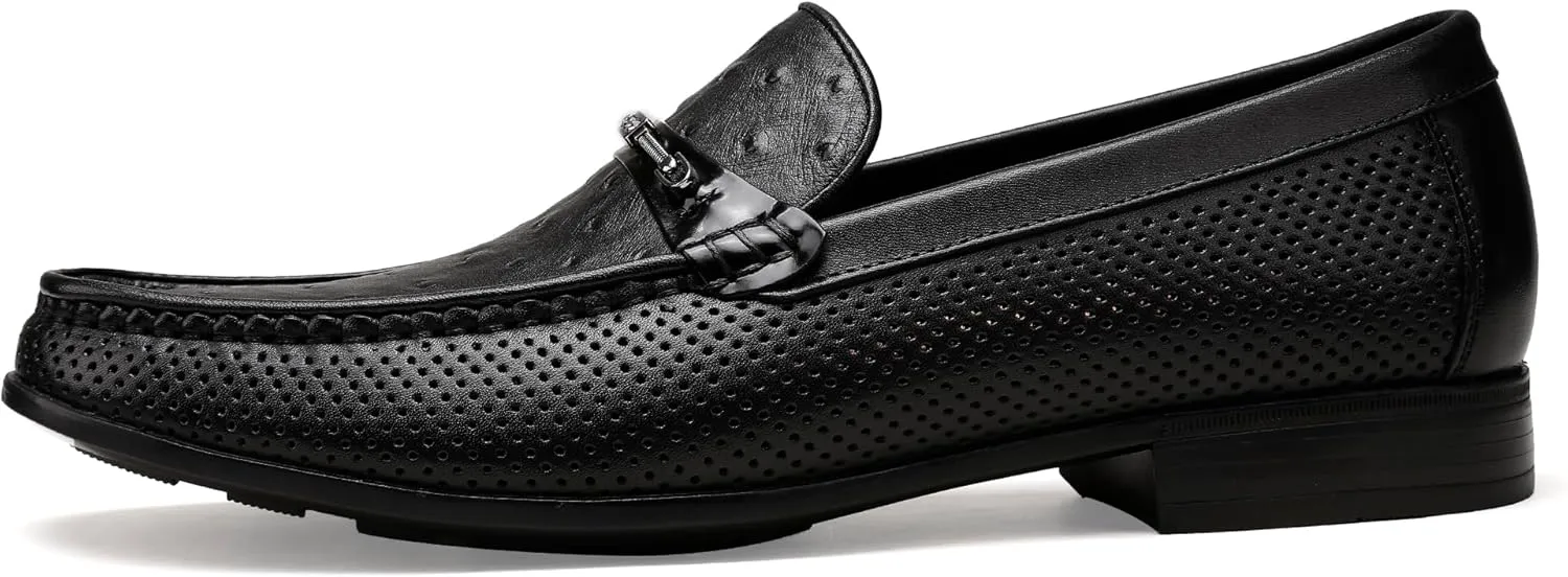 Black Men's Leather Dress Shoes, Casual Ostrich Print Slip on Loafer Moc Toe Metal Buckle Penny Formal Shoes for Mens
