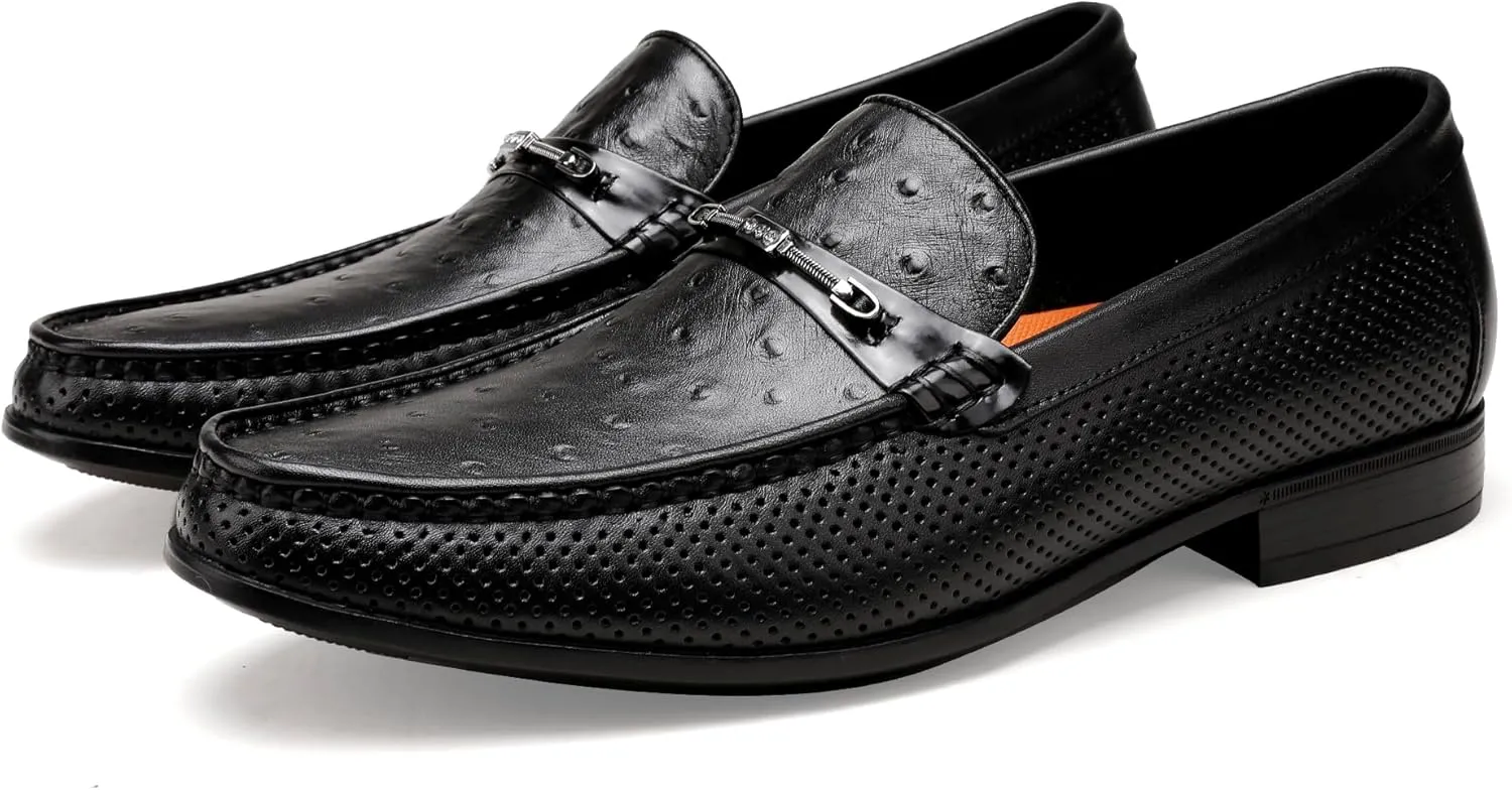Black Men's Leather Dress Shoes, Casual Ostrich Print Slip on Loafer Moc Toe Metal Buckle Penny Formal Shoes for Mens
