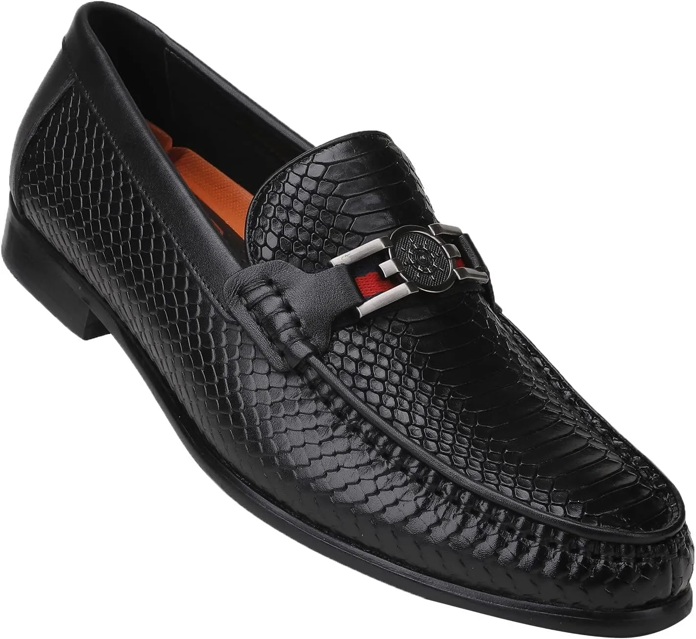 Black Mens Leather Dress Shoes, Premium Crocodile Print Moc-Toe Slip-on Loafer with Metal Buckle Penny Shoes for Mens