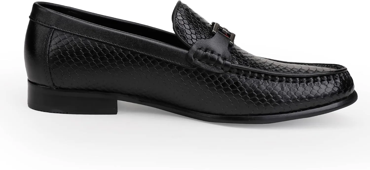 Black Mens Leather Dress Shoes, Premium Crocodile Print Moc-Toe Slip-on Loafer with Metal Buckle Penny Shoes for Mens