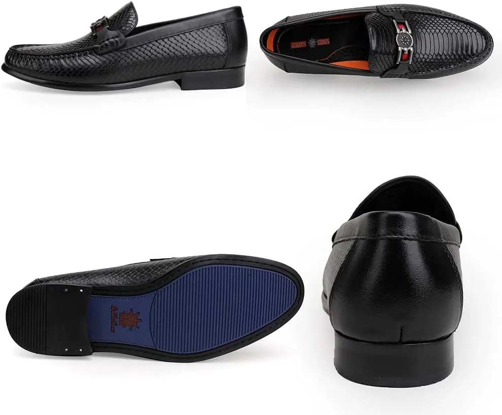 Black Mens Leather Dress Shoes, Premium Crocodile Print Moc-Toe Slip-on Loafer with Metal Buckle Penny Shoes for Mens