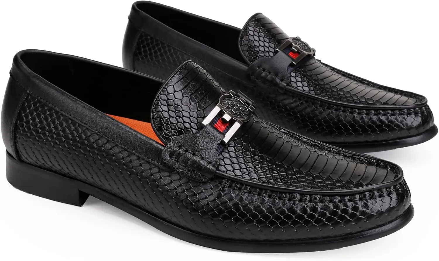 Black Mens Leather Dress Shoes, Premium Crocodile Print Moc-Toe Slip-on Loafer with Metal Buckle Penny Shoes for Mens