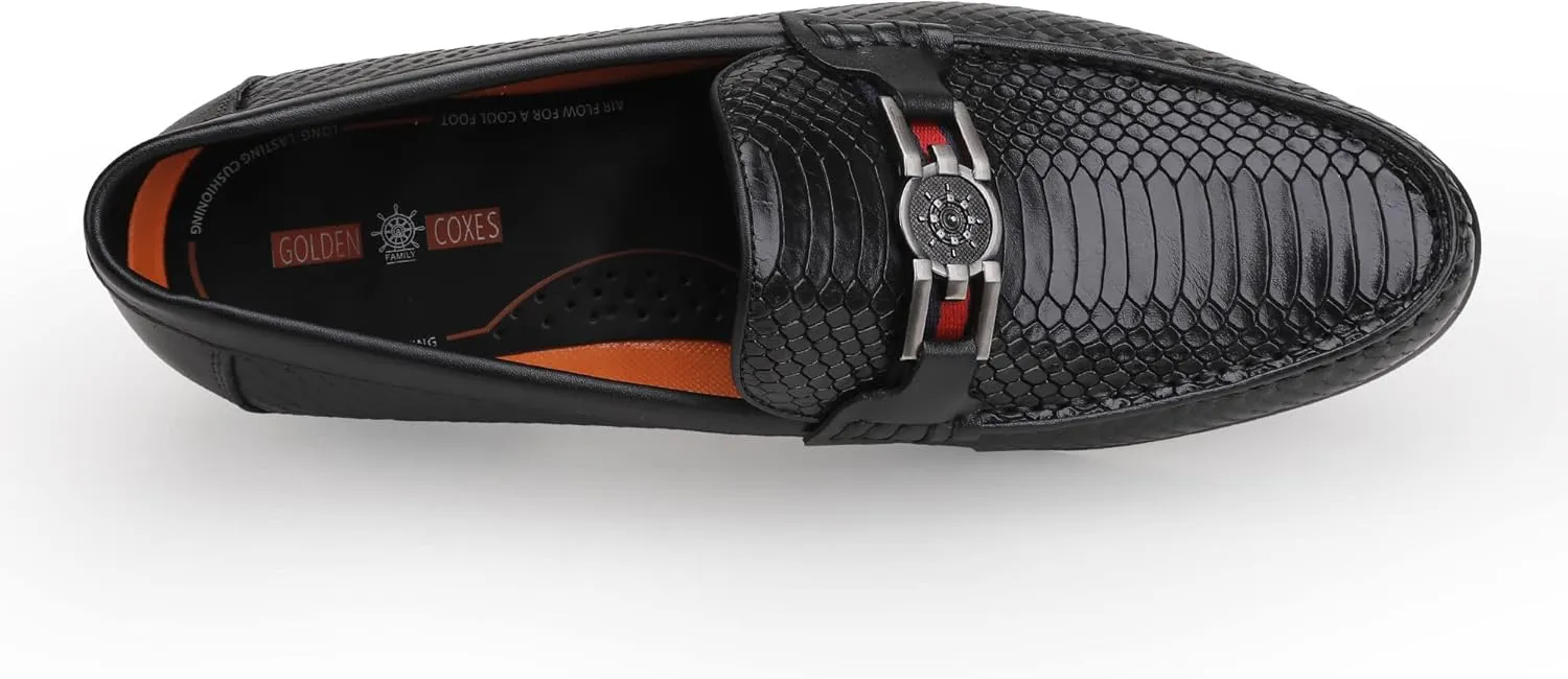 Black Mens Leather Dress Shoes, Premium Crocodile Print Moc-Toe Slip-on Loafer with Metal Buckle Penny Shoes for Mens