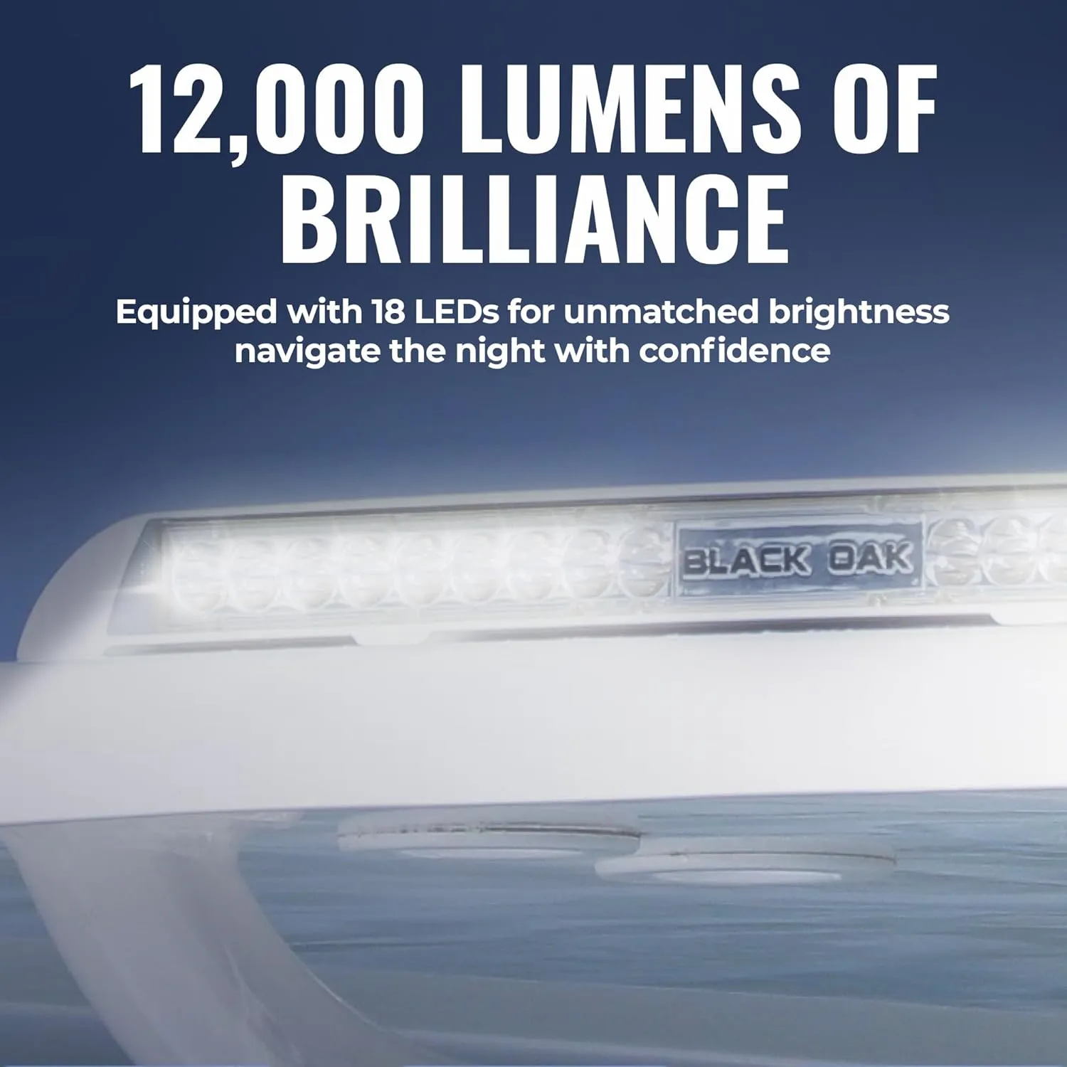 Black Oak Low Pro™ Marine LED Light Bar for Boat Waterproof IP69K, 12,000 Lumen Spot Beam, Flush Mount, Dimmable, 7-Angle Mount, 18 Ultra-Bright LEDs (White, Top-Mount, Flood Optics)