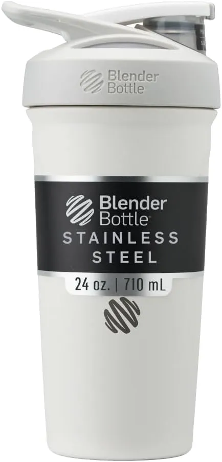 BlenderBottle Strada Shaker Cup Insulated Stainless Steel Water Bottle with Wire Whisk, 24-Ounce, White