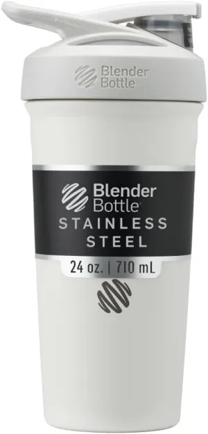 BlenderBottle Strada Shaker Cup Insulated Stainless Steel Water Bottle with Wire Whisk, 24-Ounce, White