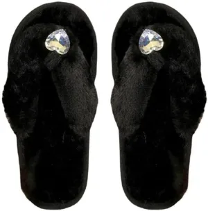 Bling Fuzzy slippers Cute Heart Shaped Rhinestone Women's Fluffy flip-flops for Indoor and Outdoor