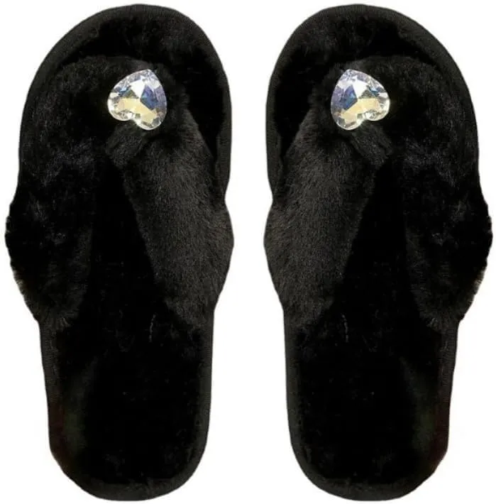 Bling Fuzzy slippers Cute Heart Shaped Rhinestone Women's Fluffy flip-flops for Indoor and Outdoor