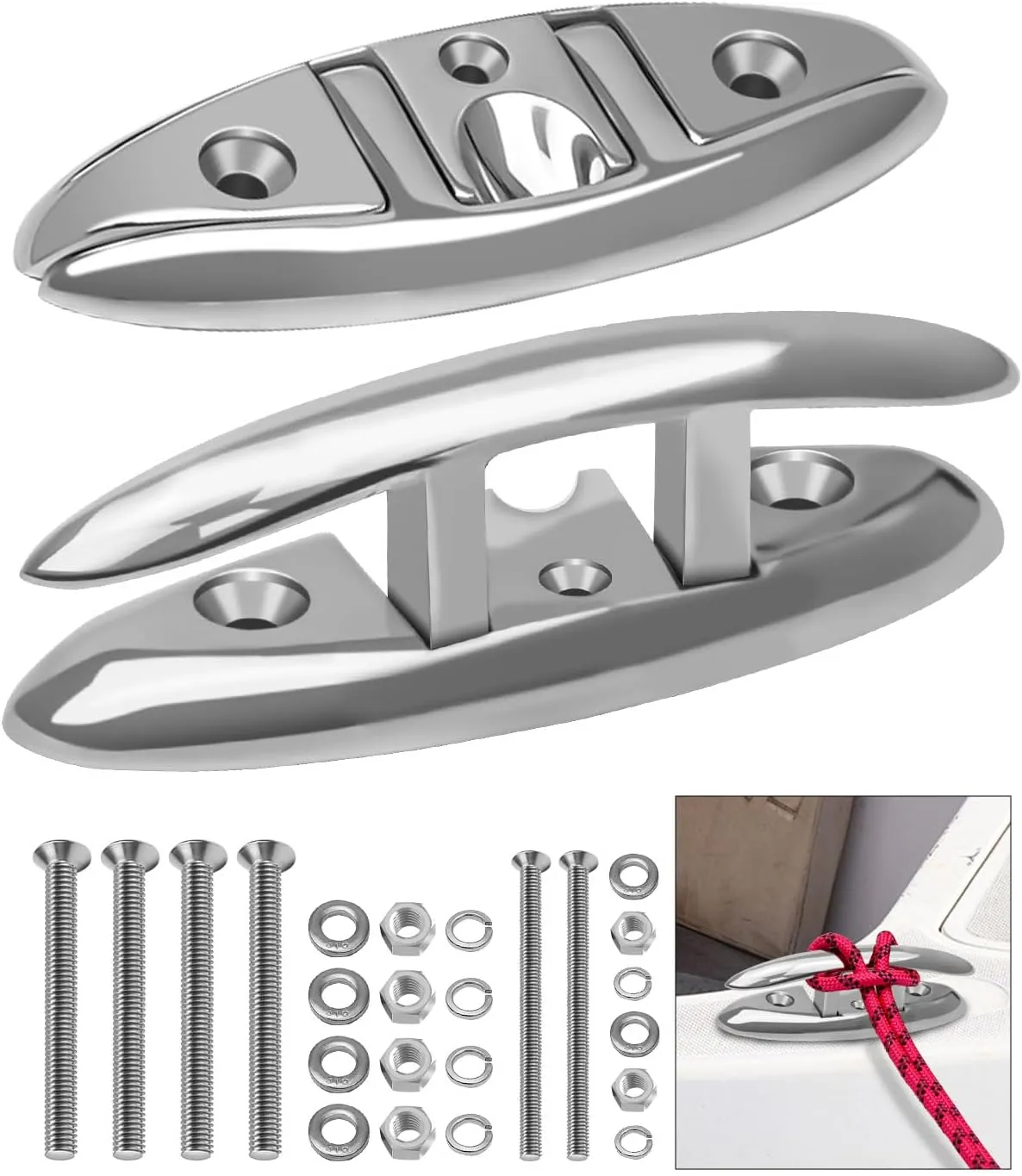 Boat Cleat, Marine 316 Stainless Steel Folding Flip up Rope Dock Cleats with Screws and Locking Nuts for Pontoon Yacht Kayaks Sailboat Powerboat Canopy Boat Houseboat Piers Decks 2PCS