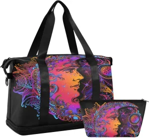 Boho Weekender Bag for Women, Rainbow Moon Sun Boho Bohemian Gym Bag Sports Duffle Bag Travel Tote Bag with Toiletry Bag Shoes Compartment Dry/Wet Separation Swim Travel Bag