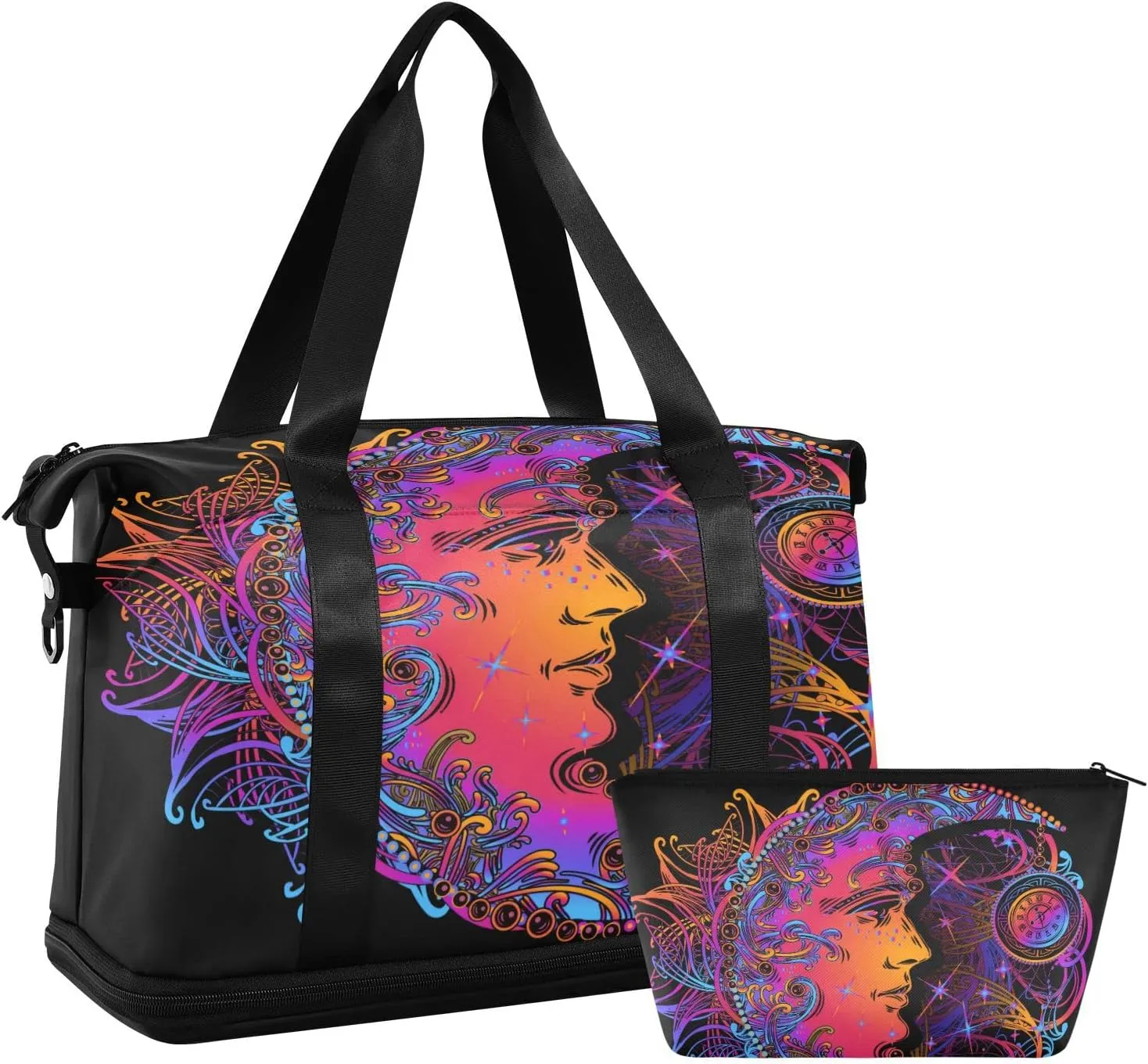 Boho Weekender Bag for Women, Rainbow Moon Sun Boho Bohemian Gym Bag Sports Duffle Bag Travel Tote Bag with Toiletry Bag Shoes Compartment Dry/Wet Separation Swim Travel Bag