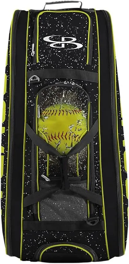 Boombah Beast Rolling Bat Bag 2.0-40" x 14" x 13" - Softball Highlight Black/Optic Yellow/Red - Holds 8 Bats, Glove and Shoe Compartments