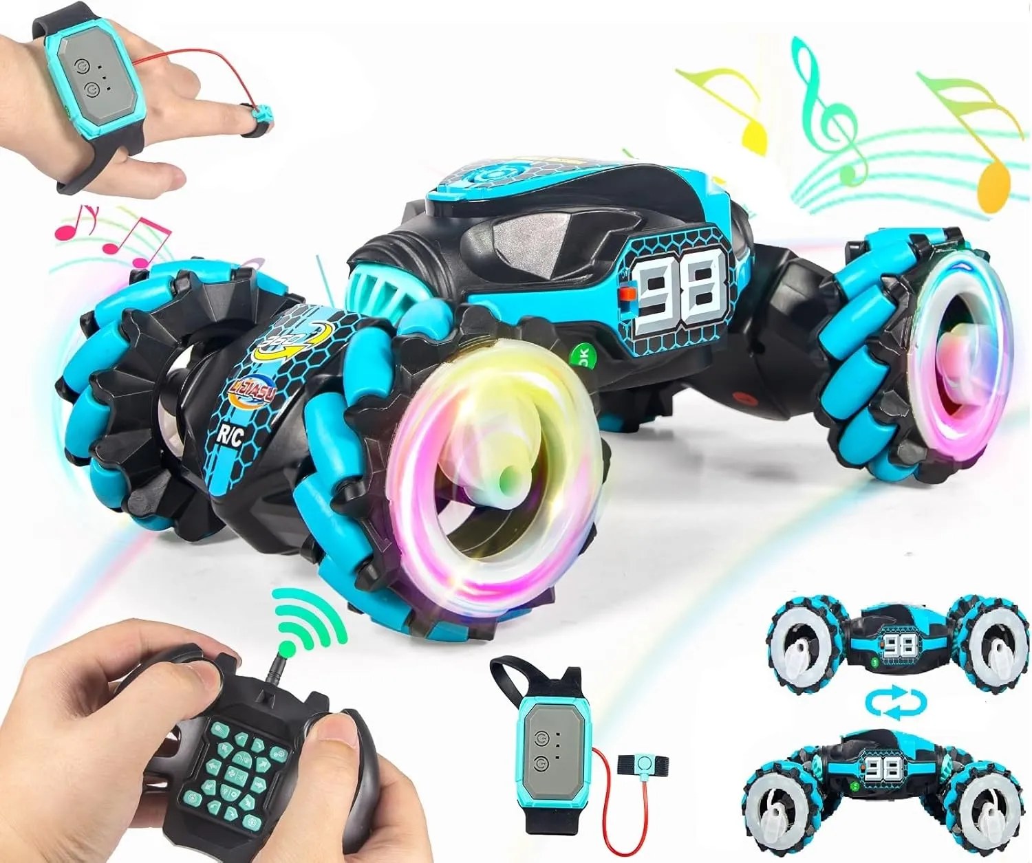 Boxgear 1:12 Gesture Sensing RC Stunt Car Off-Road, Four-Wheel Drive, Sports Mode, 40 Min Standby Suitable for Any Terrain, 2.4G Gesture Controlled Double-Sided Remote-Control Car Toy for Kids, Blue