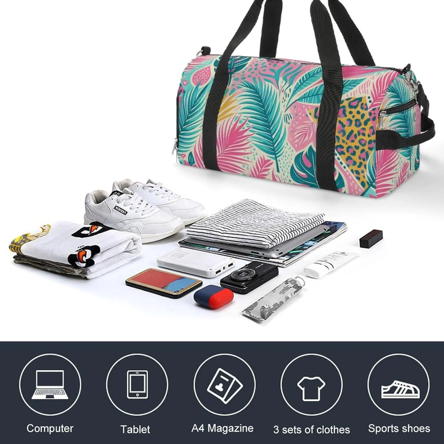 Bright Boho Tropical Theme Fitness Large Gym Bag for Unisex with Shoe Compartment & Wet Pocket