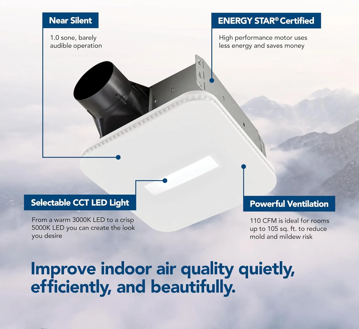 Broan-NuTone, 110 CFM AER110CCTK CleanCover Bath, 1.0 Sone, with Selectable CCT LED Light, ENERGY STARBath Fan, White
