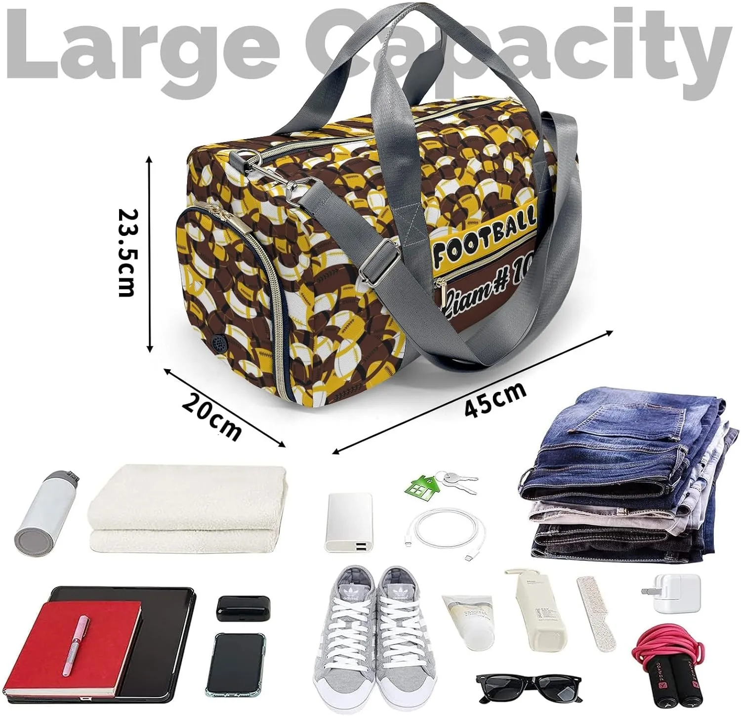 Brown Gold Yellow Rugby Waterproof Duffel Bag Gym Dance Sport Perform Training Travel Bag for Teens Adults Women Men