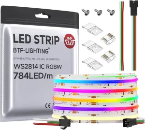 BTF-LIGHTING FCOB WS2814 IC RGBW 3000K COB LED Strip Flexible High Density Uniform Chasing Color Light 16.4FT DC24V 784LED/m 14IC/m 10mm Width for Home Indoor Decor(No Adapter or Controller)