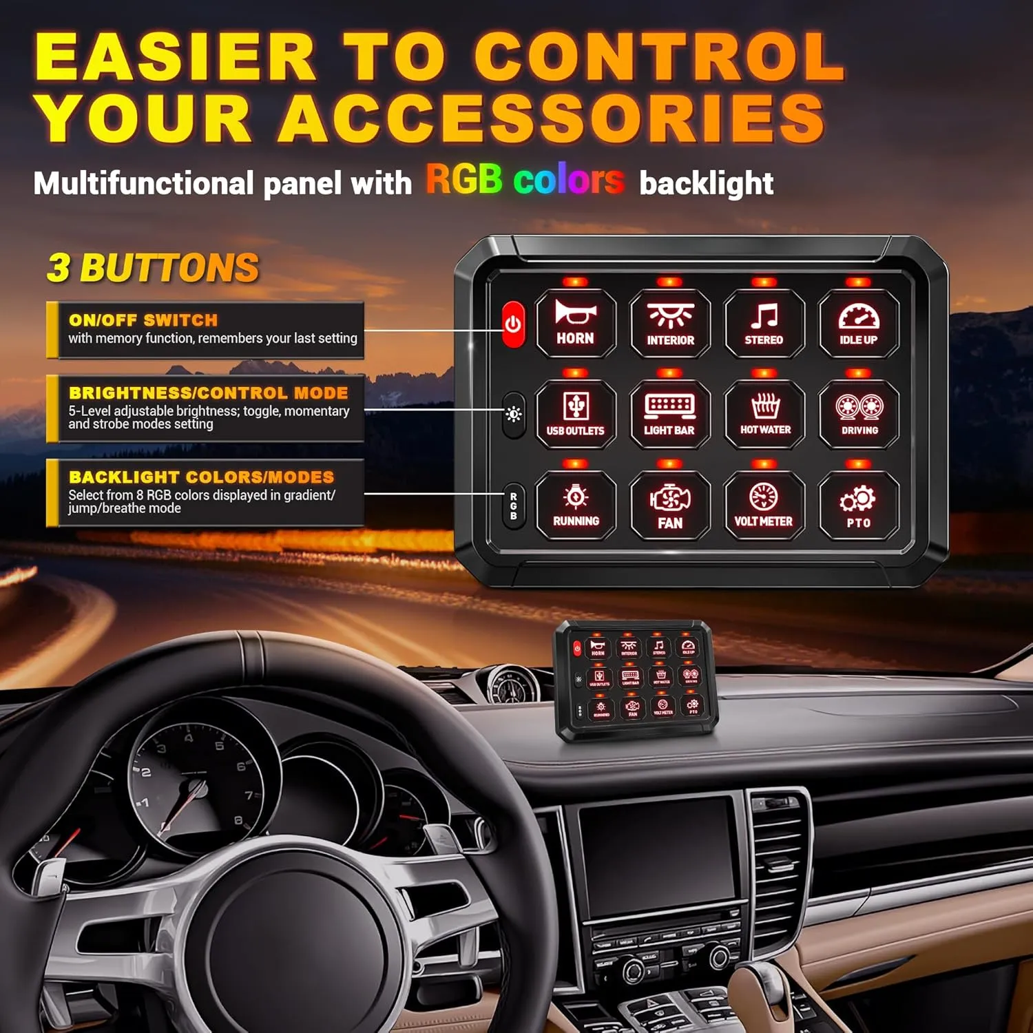 BUMBEE RGB 12 Gang Switch Panel Multifunction 3 Silicone Button Momentary Strobe ON-Off Circuit Control Relay LED Toggle Switch Box Universal for Golf Cart Car Truck RV Offroad Marine