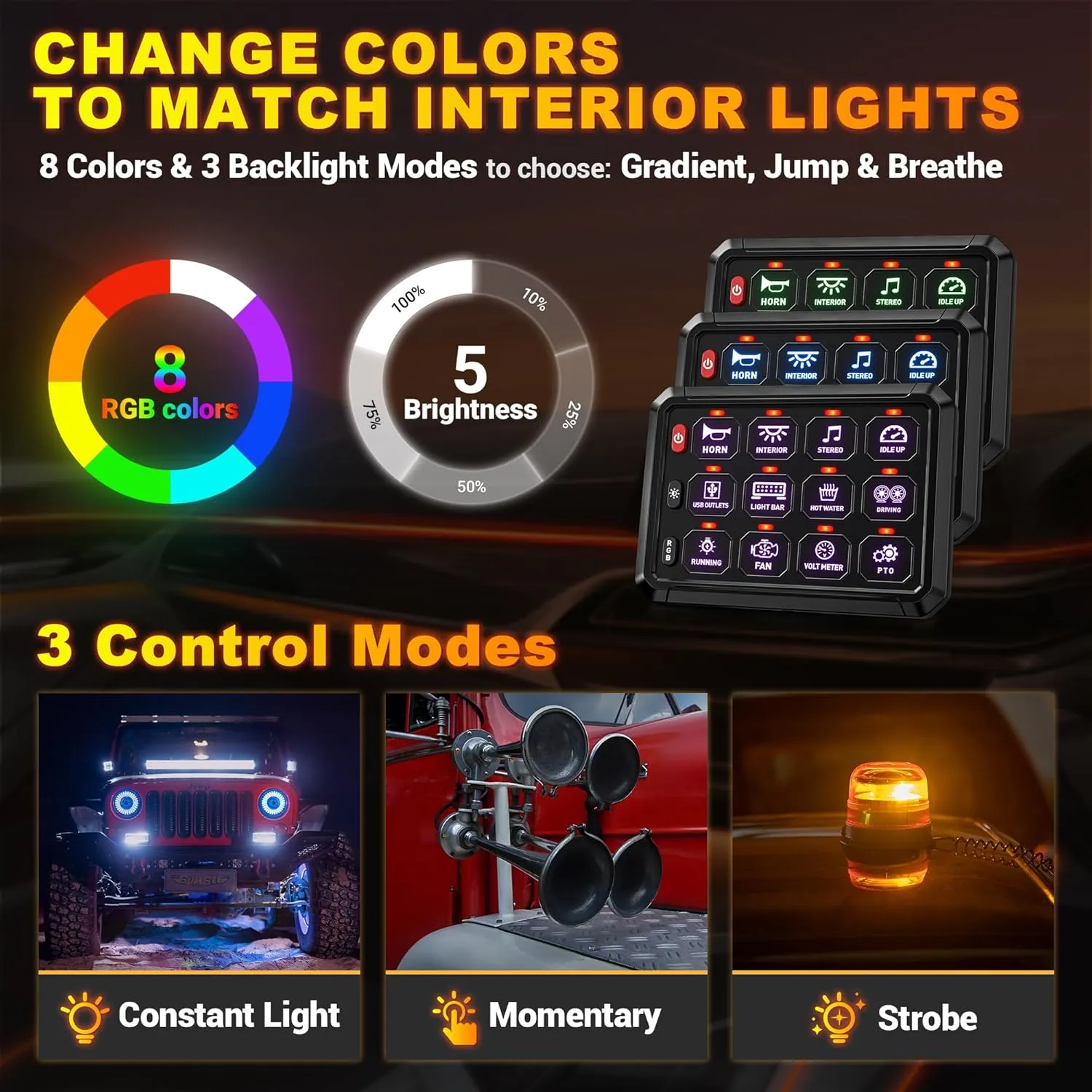 BUMBEE RGB 12 Gang Switch Panel Multifunction 3 Silicone Button Momentary Strobe ON-Off Circuit Control Relay LED Toggle Switch Box Universal for Golf Cart Car Truck RV Offroad Marine