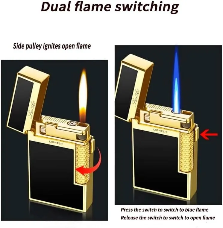 Butane Lighter, Open Flame Direct Flame, Windproof Flame, Flint Side Slide Igniter Torch lighters Butane refillable Metal Lighter Dual Flame Lighter for Cigarette/Cigar/Candle Gift Box Packaging(Gold