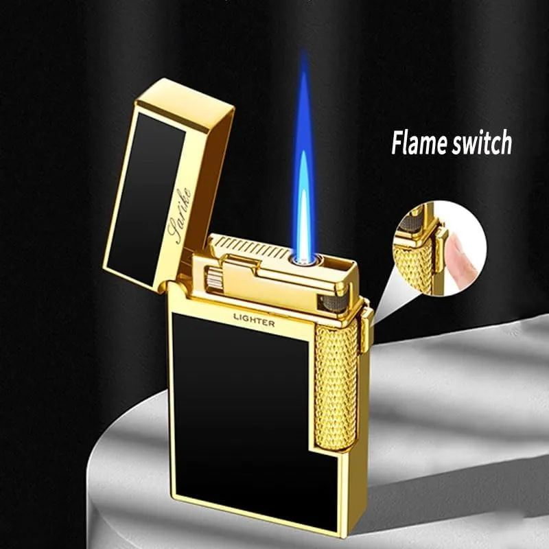 Butane Lighter, Open Flame Direct Flame, Windproof Flame, Flint Side Slide Igniter Torch lighters Butane refillable Metal Lighter Dual Flame Lighter for Cigarette/Cigar/Candle Gift Box Packaging(Gold