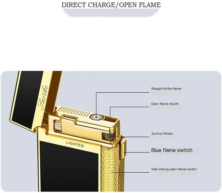 Butane Lighter, Open Flame Direct Flame, Windproof Flame, Flint Side Slide Igniter Torch lighters Butane refillable Metal Lighter Dual Flame Lighter for Cigarette/Cigar/Candle Gift Box Packaging(Gold