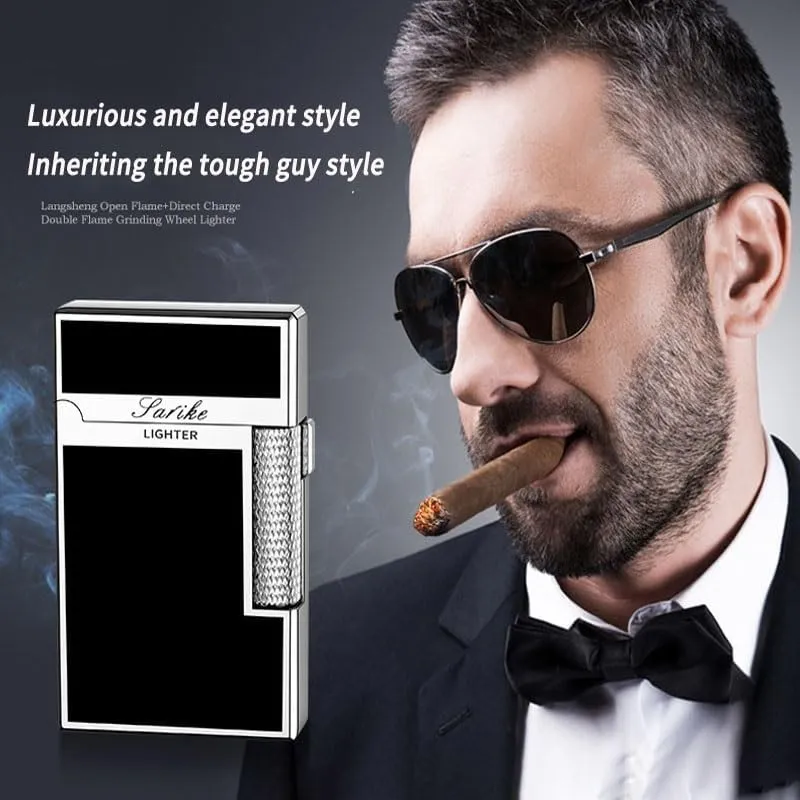 Butane Lighter, Open Flame Direct Flame, Windproof Flame, Flint Side Slide Igniter Torch lighters Butane refillable Metal Lighter Dual Flame Lighter for Cigarette/Cigar/Candle Gift Box Packaging(Gold