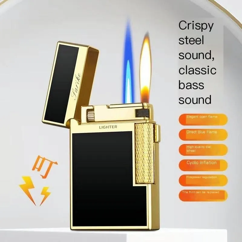 Butane Lighter, Open Flame Direct Flame, Windproof Flame, Flint Side Slide Igniter Torch lighters Butane refillable Metal Lighter Dual Flame Lighter for Cigarette/Cigar/Candle Gift Box Packaging(Gold