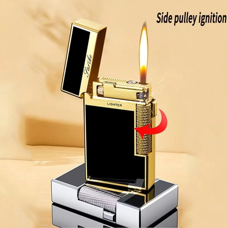 Butane Lighter, Open Flame Direct Flame, Windproof Flame, Flint Side Slide Igniter Torch lighters Butane refillable Metal Lighter Dual Flame Lighter for Cigarette/Cigar/Candle Gift Box Packaging(Gold