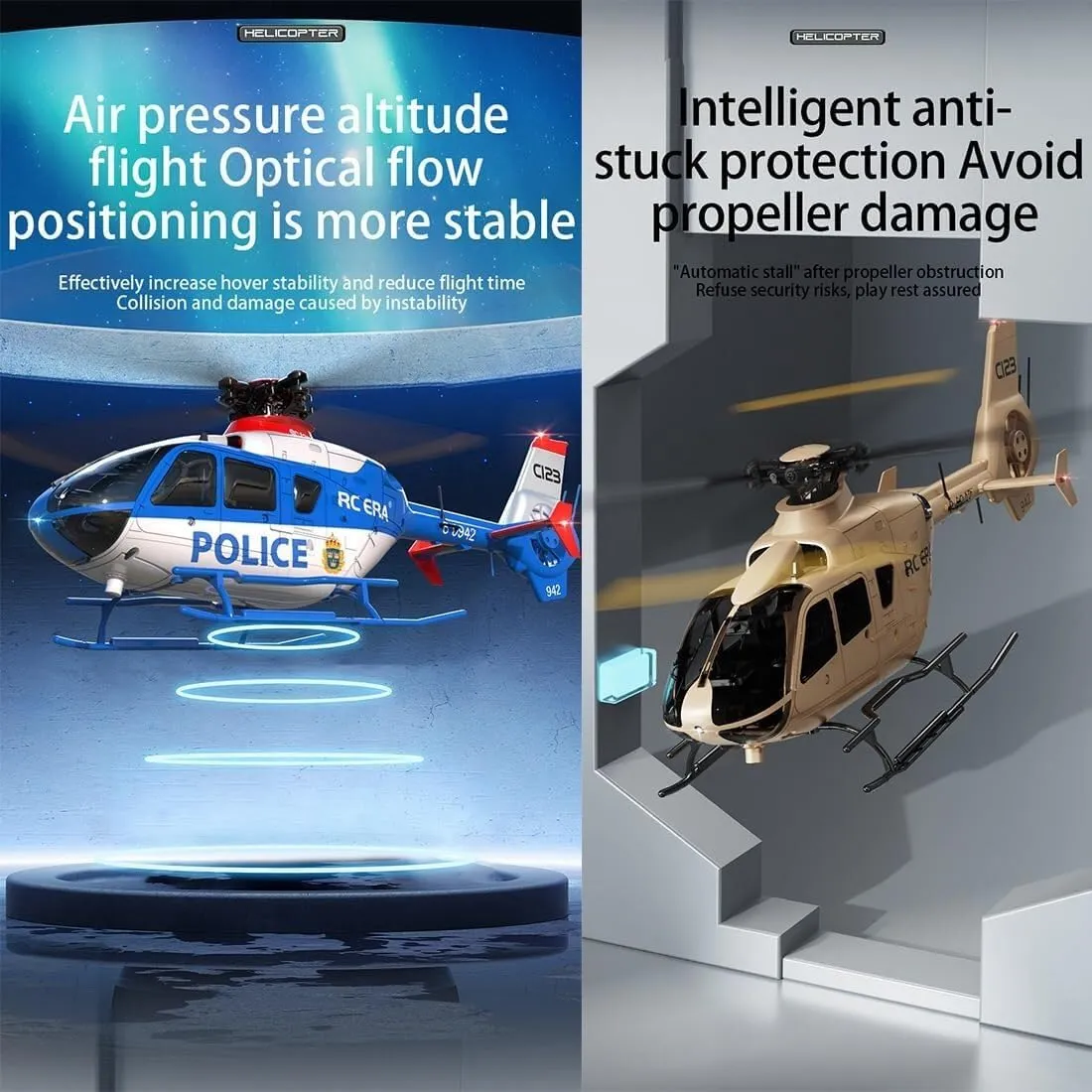C123 RC Helicopter, 1:36 6CH EC135 Remote Control Helicopter for Adults, 2.4GHz RC Aircraft with 6-Axis Gyro, Inverted Flight, Altitude Hold, One Key Take Off/Landing (Blue(3 Batteries)(Champagne(3 Ba