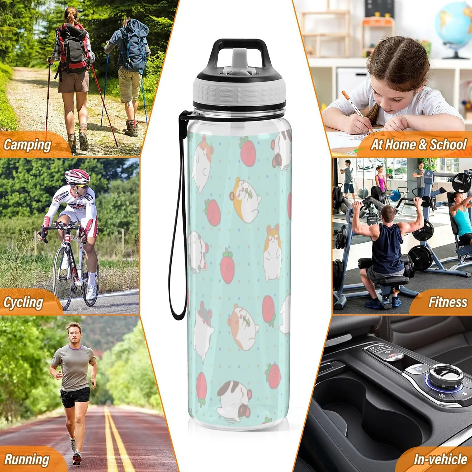 Caikeny Kawaii Strawberry Hamsters Water Bottle with Straw Mint Green Sports Bottles BPA-Free Tritan Water Jug with Carrying Strap for Women Men Gym