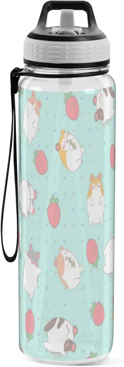 Caikeny Kawaii Strawberry Hamsters Water Bottle with Straw Mint Green Sports Bottles BPA-Free Tritan Water Jug with Carrying Strap for Women Men Gym