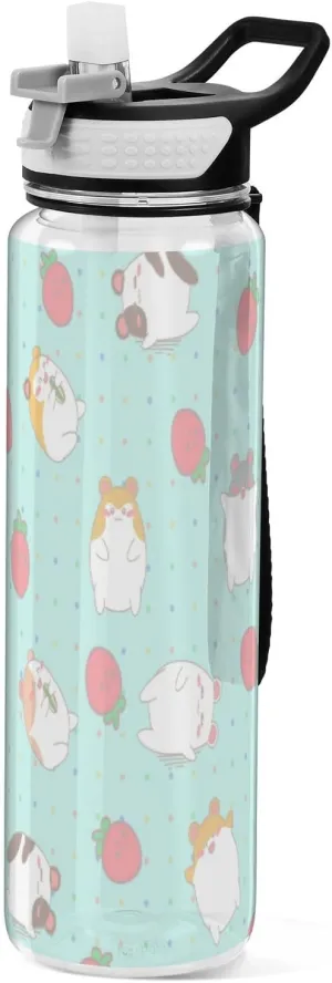 Caikeny Kawaii Strawberry Hamsters Water Bottle with Straw Mint Green Sports Bottles BPA-Free Tritan Water Jug with Carrying Strap for Women Men Gym