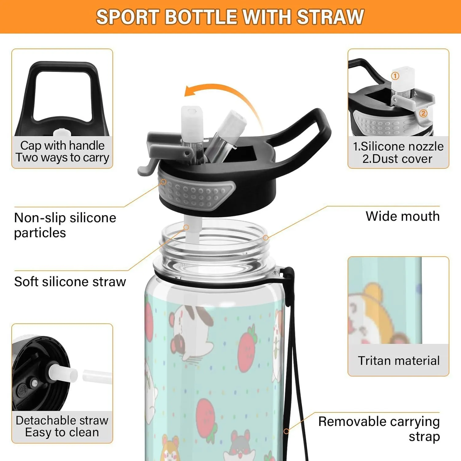 Caikeny Kawaii Strawberry Hamsters Water Bottle with Straw Mint Green Sports Bottles BPA-Free Tritan Water Jug with Carrying Strap for Women Men Gym