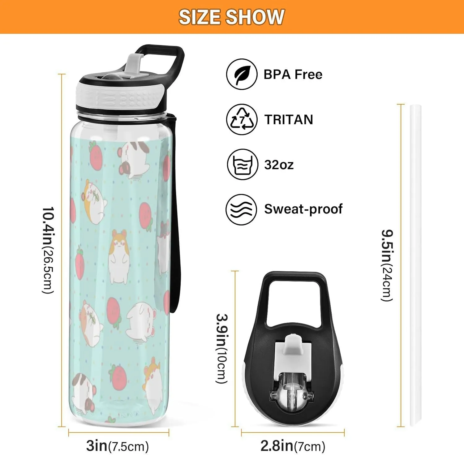 Caikeny Kawaii Strawberry Hamsters Water Bottle with Straw Mint Green Sports Bottles BPA-Free Tritan Water Jug with Carrying Strap for Women Men Gym