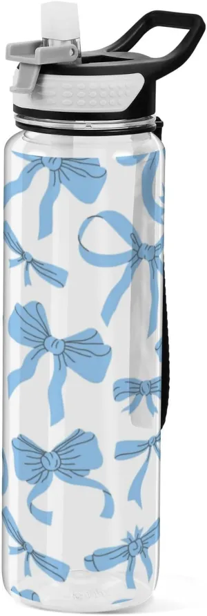 Caikeny Water Bottle with Straw Cartoon Bows Sports Bottles Blue Ribbon BPA-Free Tritan Water Jug with Carrying Strap for Women Men Gym